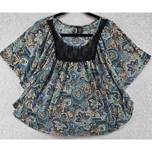 Vtg Y2K Weavers Top Women's L Blue Boho Batwing Paisley Floral Lace Trim Peasant